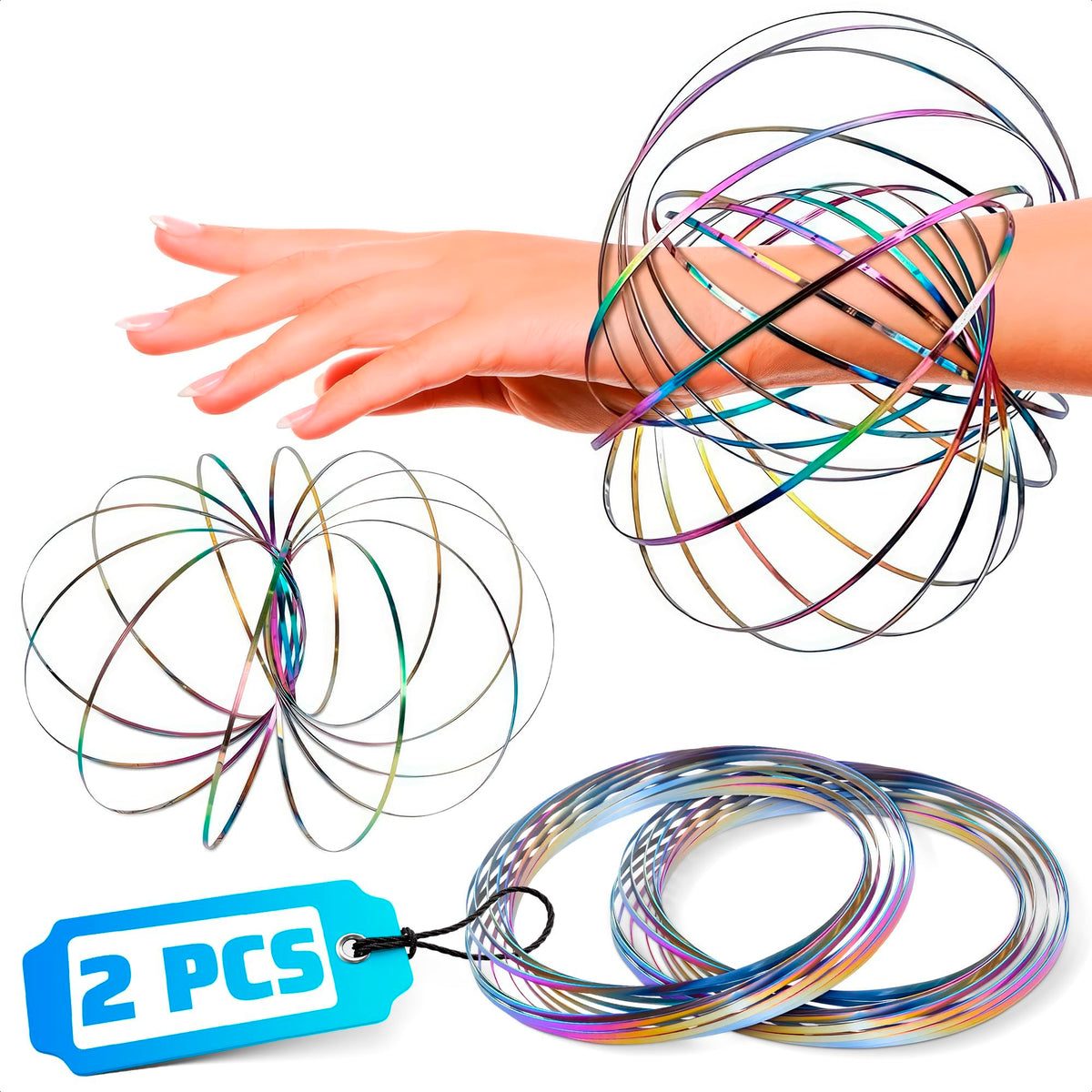 2 Pcs Flow Ring Spinner Ring Arm Toy - Geometric Sensory Spring Toy Sensory Rings Fidget Bracelet Magic Flow Bracelet Fidget Flow Bracelet - Arm Fidget Spinner Kinetic Toys Flow Rings Fidget Toy